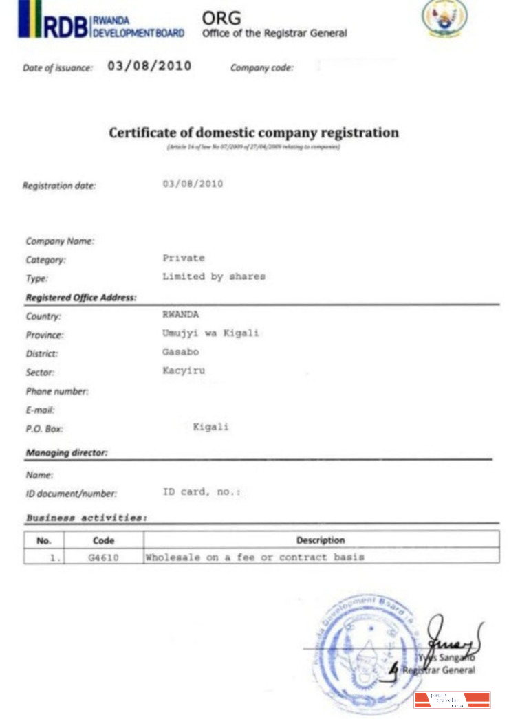 Rwanda Certificate of domestic company registration